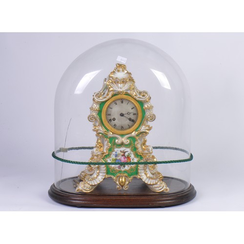 328 - A French Rococo style porcelain mantel clock by Jacob Petit (French, 1797-1868) in Green Ground & Gi... 