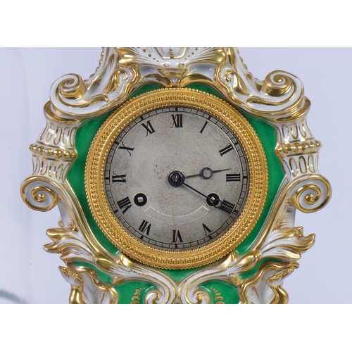 328 - A French Rococo style porcelain mantel clock by Jacob Petit (French, 1797-1868) in Green Ground & Gi... 