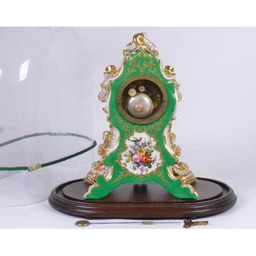 328 - A French Rococo style porcelain mantel clock by Jacob Petit (French, 1797-1868) in Green Ground & Gi... 