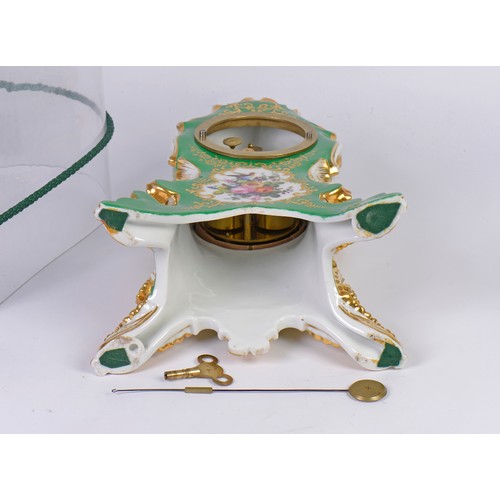 328 - A French Rococo style porcelain mantel clock by Jacob Petit (French, 1797-1868) in Green Ground & Gi... 