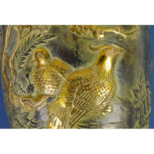 390 - A Japanese patinated Painted & Polished Pheasants in tree Vase with long verse. Measuring: 19cms.