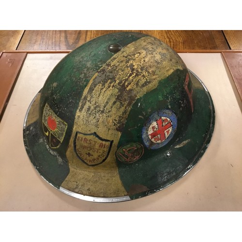 567 - A WWII Tin Helmet, First Aid Post, ATS marked Helmet, one other & a Canvas Bag.