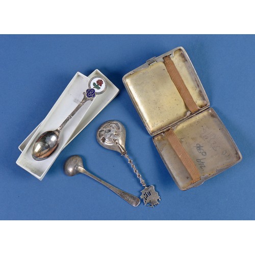 8 - A Silver Cigarette Case. Weighing: 94 Grams. A Silver Mustard & two other spoons.