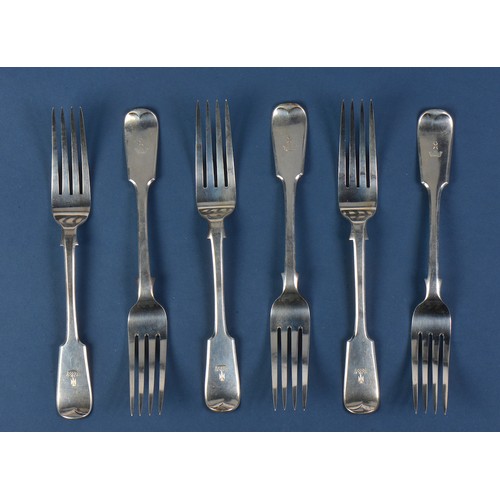 18 - A Set of Six Fiddle patterned & shouldered Table Forks, Crest, Crown & Maltese Cross. London Q. Weig... 