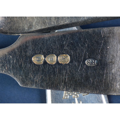 18 - A Set of Six Fiddle patterned & shouldered Table Forks, Crest, Crown & Maltese Cross. London Q. Weig... 