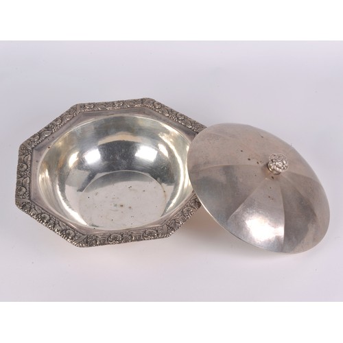 50 - An 800 marked Silver embossed & decorated covered Bowl. Weighing: 1074 grams.