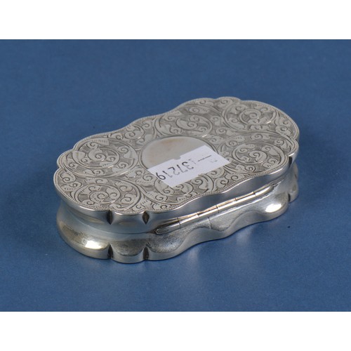 56 - A Victorian Silver engraved & shaped Snuff Box. Birmingham Y. Weighing: 84 grams.