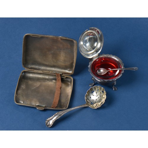 71 - A Silver Cigarette Case, a Mustard & Sifter Spoon. Weighing: 147 Grams.