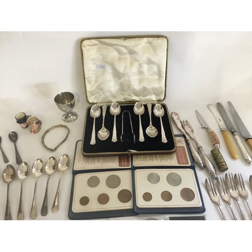 72 - A Set of Six Silver Tea Spoons with Tongs in Case. Weighing: 109 grams. Along with Sardine Servers, ... 