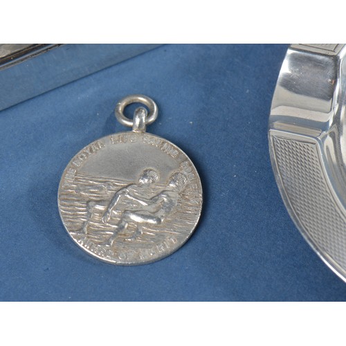 73 - A Silver Ashtray, Silver Cigarette Box & a Silver Royal Life Saving Society award of merit M.E. Patt... 