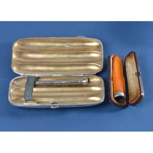 79 - A Silver engraved Cigar Case to take a 5inch Cigar with Piercer. Birmingham C. Weighing: 133 grams.