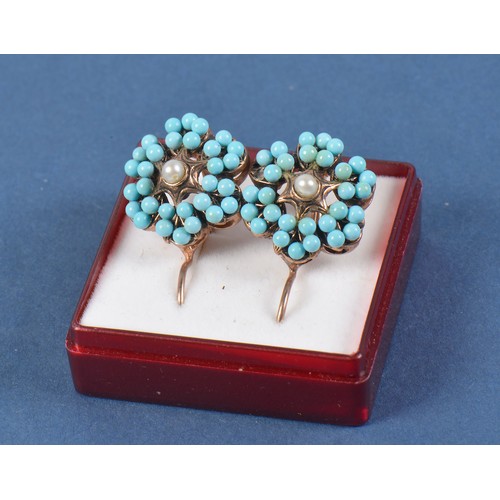 206 - A Pair of Blue Pearl Victorian designed Earrings set with Turquoise coloured & Pearl stones.