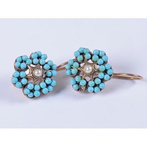 206 - A Pair of Blue Pearl Victorian designed Earrings set with Turquoise coloured & Pearl stones.