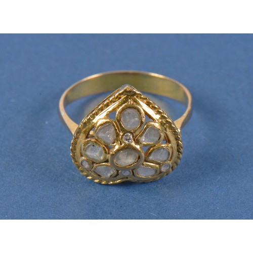 219 - An Indian Gold Ring in the shape of a Heart mounted with Rose cut Diamonds. Size: Q. Weighing: 4.6 g... 