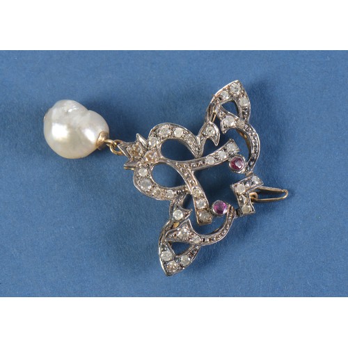 220 - A Victorian Gold Blister Pearl Pendent Brooch mounted with Diamonds & Rubies in a Bow shape in Box. ... 