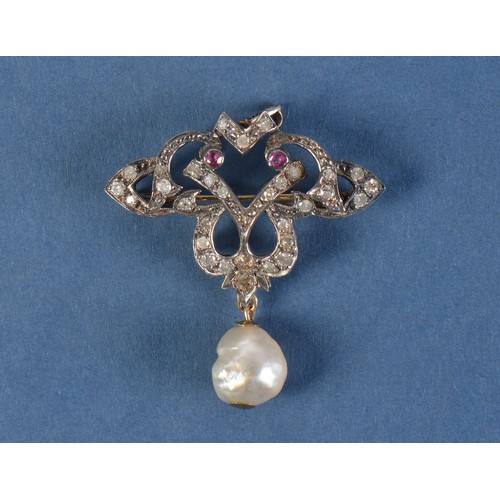 220 - A Victorian Gold Blister Pearl Pendent Brooch mounted with Diamonds & Rubies in a Bow shape in Box. ... 