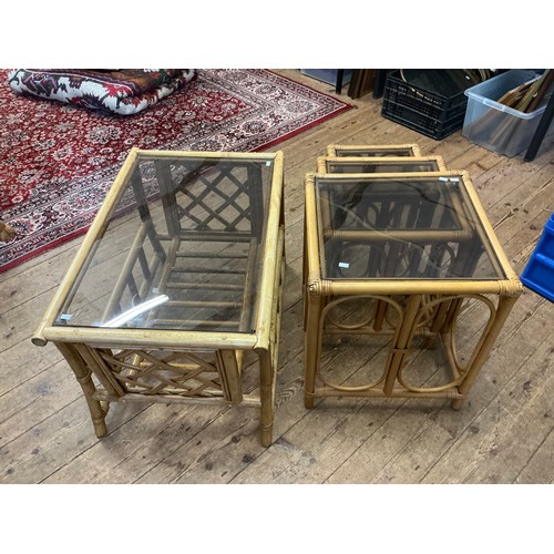 505 - A Conservatory Suite of graduated Bamboo Tables (x3) along with a matching Bamboo Coffee Table with ... 