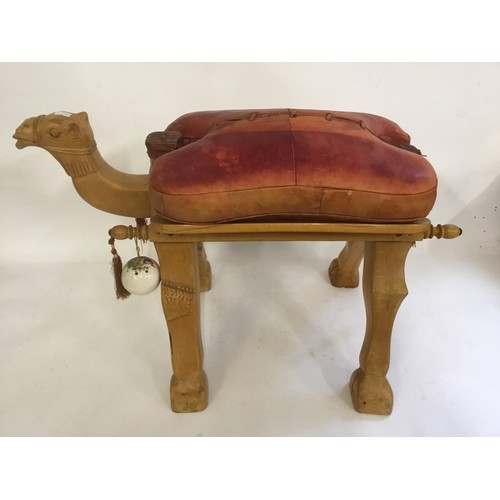 512 - A Leather Seated Camel Stool with Strap Work & Hand Stitched decoration.