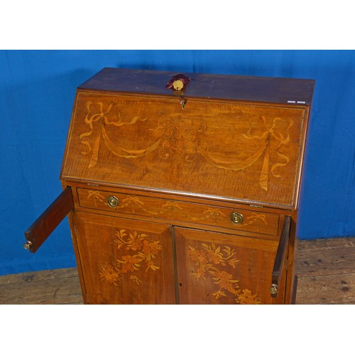 513 - An Edwardian Satin Wood Bureau with Marquetry & Barbers Pole inlay fitted with a Single Drawer & Cup... 