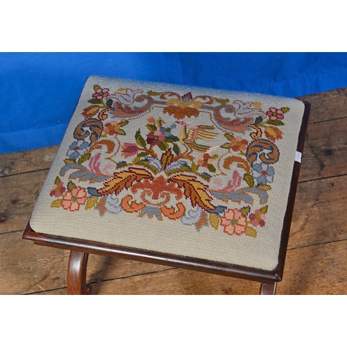 537 - A Regency design Rosewood Stool with a Needlework Seat. Measuring: 44cms x 38cms x 36cms high.