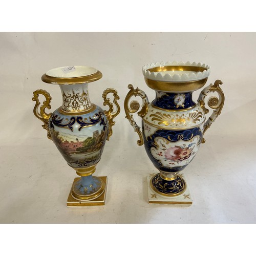 737 - Two Coalport Blue & Gilt decorated Two Handled Vases resting on square bases.