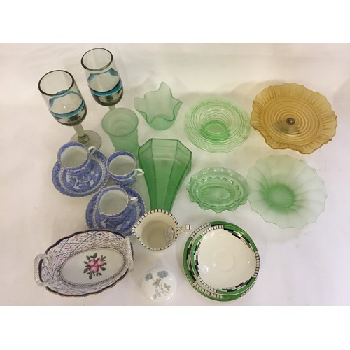 743 - Blue & White Coffee Cans & Saucers, Two Glass Goblets, Art Deco Wall Pocket, Chestnut Basket, etc.