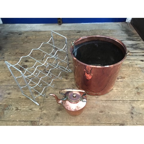 786 - A Copper Swing Handled Log Bucket & a Copper Kettle (Seamed) & a Wine Rack.