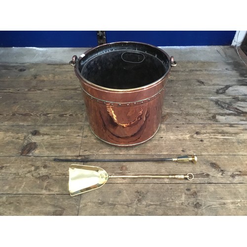 787 - A Copper & Brass Riveted Swing Handled Log Bucket with a Two Fireside Items.