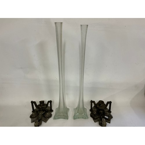 793 - A Pair of German pressed metal Face Candle Holders & a Pair of Glass Iris Vases. Vases measuring: 60... 