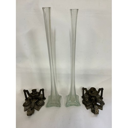 793 - A Pair of German pressed metal Face Candle Holders & a Pair of Glass Iris Vases. Vases measuring: 60... 