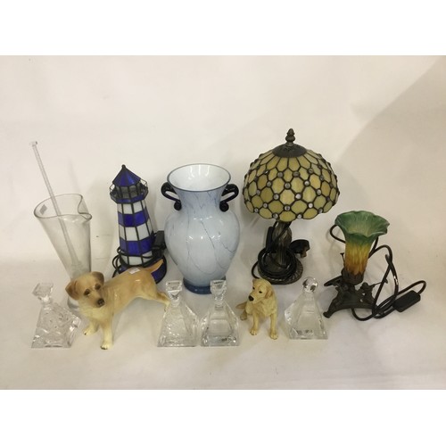 845 - Three Various Table Lamps, a White Mottled Vase, Perfume Decanters, two Dogs, etc.