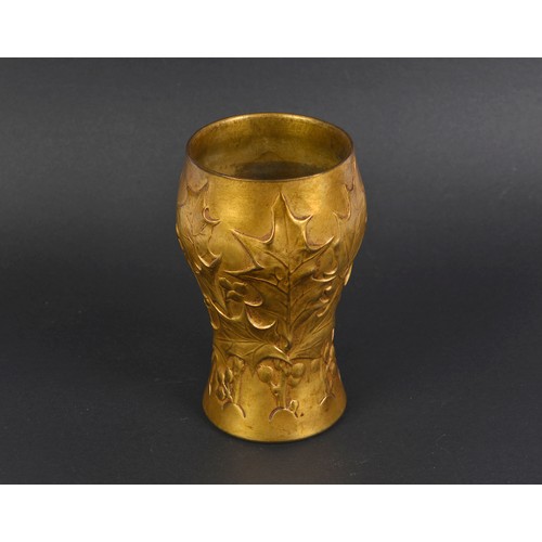 917 - A Siot-Decauville Art Nouveau Bronze Beaker Vase decorated with holly, Signed 