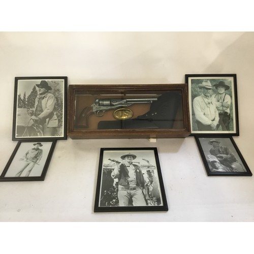 957 - A Replica Western Colt Handgun in Case along with John Wayne Framed Photographs.