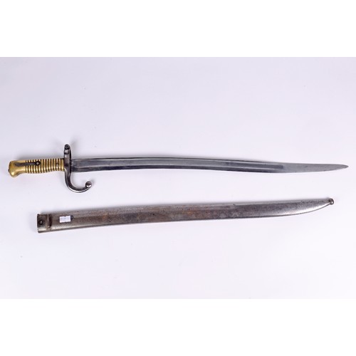 967 - A French Miliary Bayonet with a Brass Ribbed Handle & inscribed De Chat A Jullet 1871 in Scabbard st... 