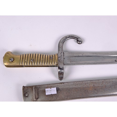 967 - A French Miliary Bayonet with a Brass Ribbed Handle & inscribed De Chat A Jullet 1871 in Scabbard st... 