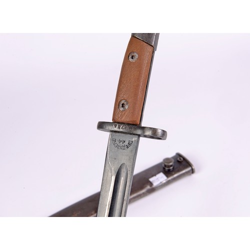 970 - A WWII Bayonet in a Metal Scabbard. No: 5795.