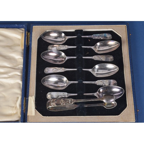 121 - A Set of Six Silver Plated Freemason's Tea Spoons & Tongs along with three Mice Cheese Sampling Fork... 