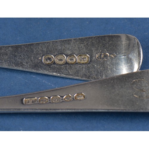 15 - Three Georgian Silver Old English Pattern Desert Forks & a similar Tea Spoon. Weighing: 146 grams.