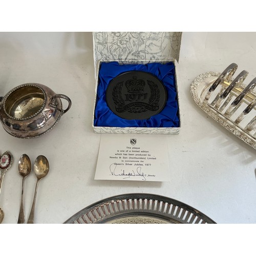 17 - A Collection of Silver Plated Cutlery, a Salver, Toast Rack along with a Boxed Medal.