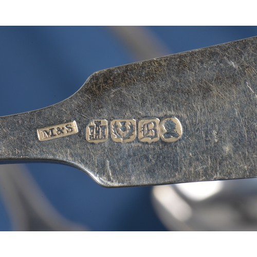 43 - A Set of Six Scottish Silver Fiddle Patterned Shoulder & Single Drop Table Spoons with the initial A... 