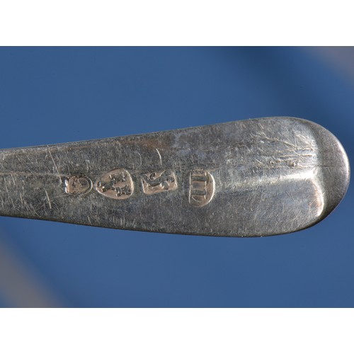 49 - A Set of Four Newcastle hallmarked Bright Cut Silver Tea Spoons with long drop & scroll. Maker: John... 