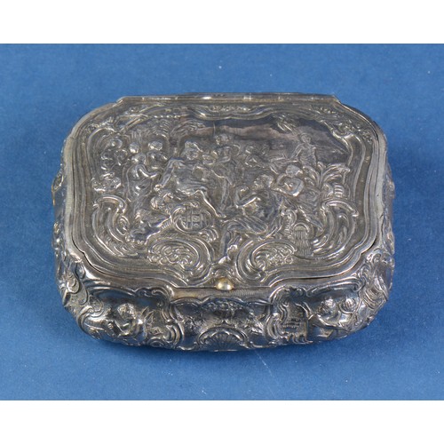 52 - A Dutch Silver Repousse & embossed Classical Scene decorated Snuff Box with a Gilt interior. Maker: ... 