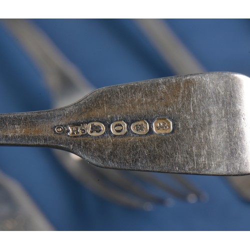 53 - Six various Silver Fiddle Pattern Desert Forks with matching initials. Weighing: 246 grams.