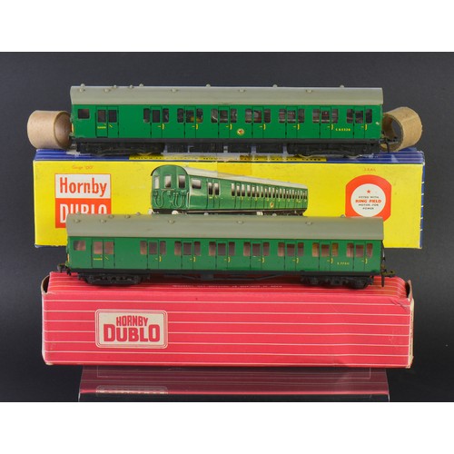 A Boxed Hornby Dublo No: 3250 "Electric Motor Coach Brake 2nd" & No: 4150 "Electric Driving Trailer Coach S.R.", both models Near Mint with Excellent Boxes.