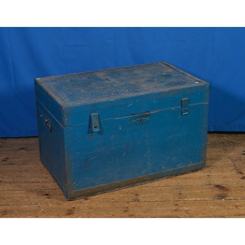 642 - A Blue Painted Metal Bound Colonial Period Trunk with Iron Ring Handles. Measuring: 91cms across x 5... 