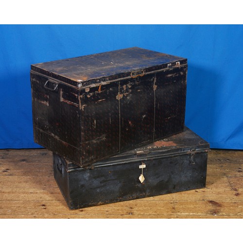 643 - Two Steel Travelling Trunks with Sponged Decoration. Each Measuring: 84cms across x 47cms deep x 50c... 