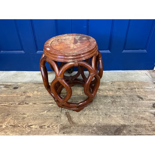 653 - A Chinese Hardwood Circular Topped Pierced & Fretted Edged Drum Chair. Measuring: 30cms across x 46c... 