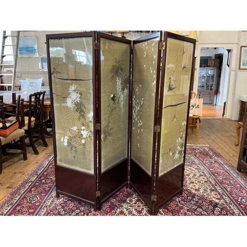 665 - An Arts & Crafts Four-Fold Dressing Screen with inset Japanese Silk Work Panels behind Glass. Measur... 