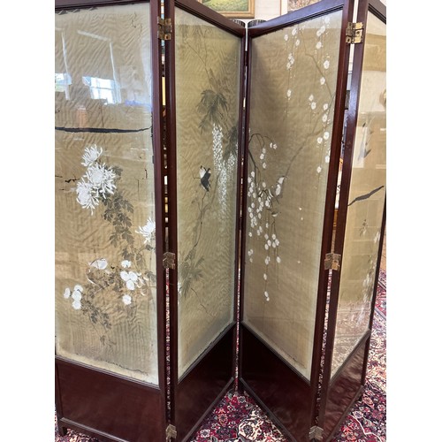 665 - An Arts & Crafts Four-Fold Dressing Screen with inset Japanese Silk Work Panels behind Glass. Measur... 