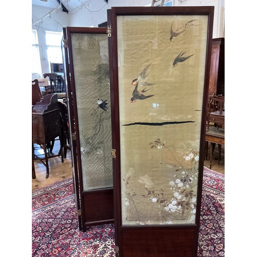 665 - An Arts & Crafts Four-Fold Dressing Screen with inset Japanese Silk Work Panels behind Glass. Measur... 